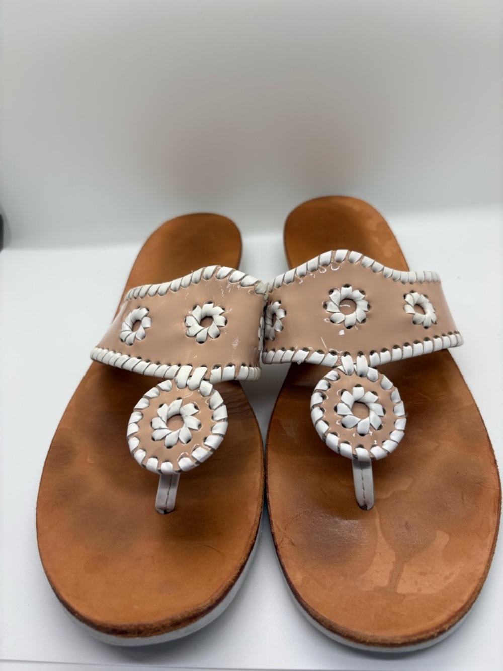 Jack Rogers Women’s Beige Leather Whipstitch Toe-Post Boat Sandals